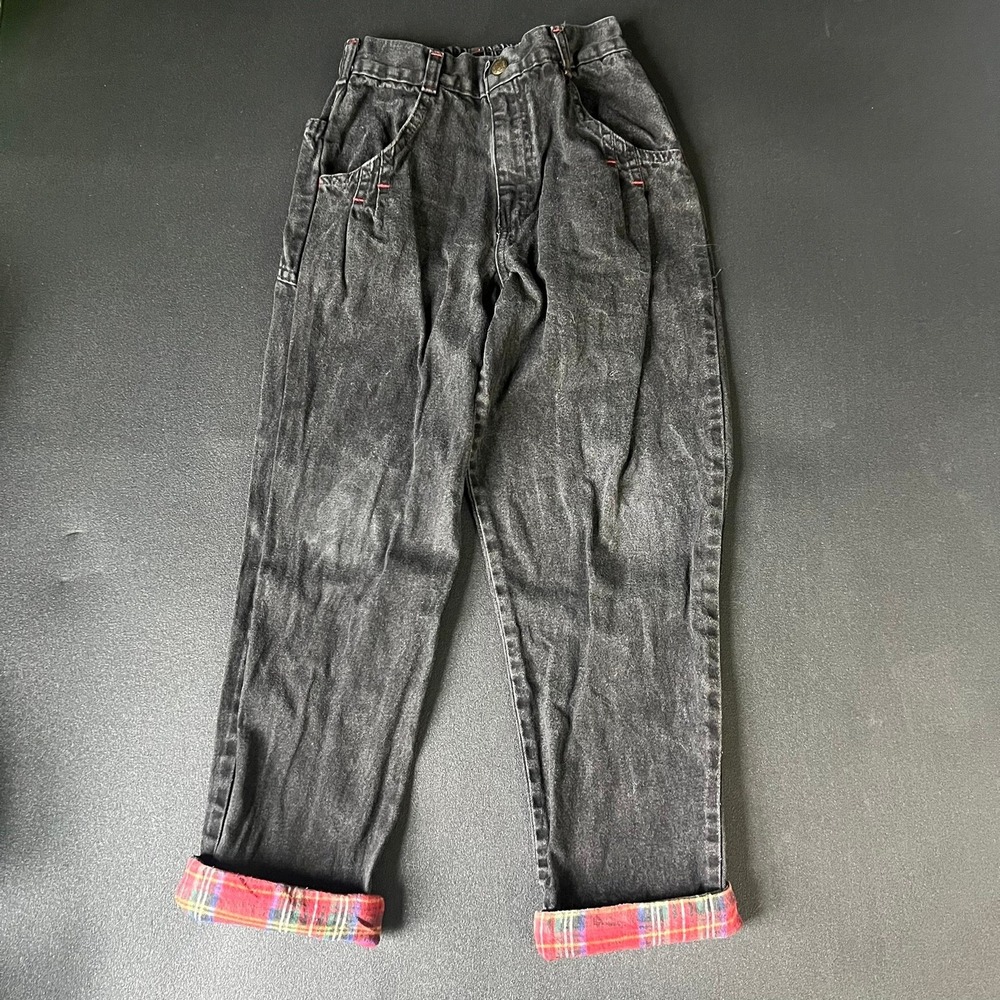 Vintage OshKosh Bgosh Kids 7R Black Flannel Cuffs Jeans Made in‎ USA Retro